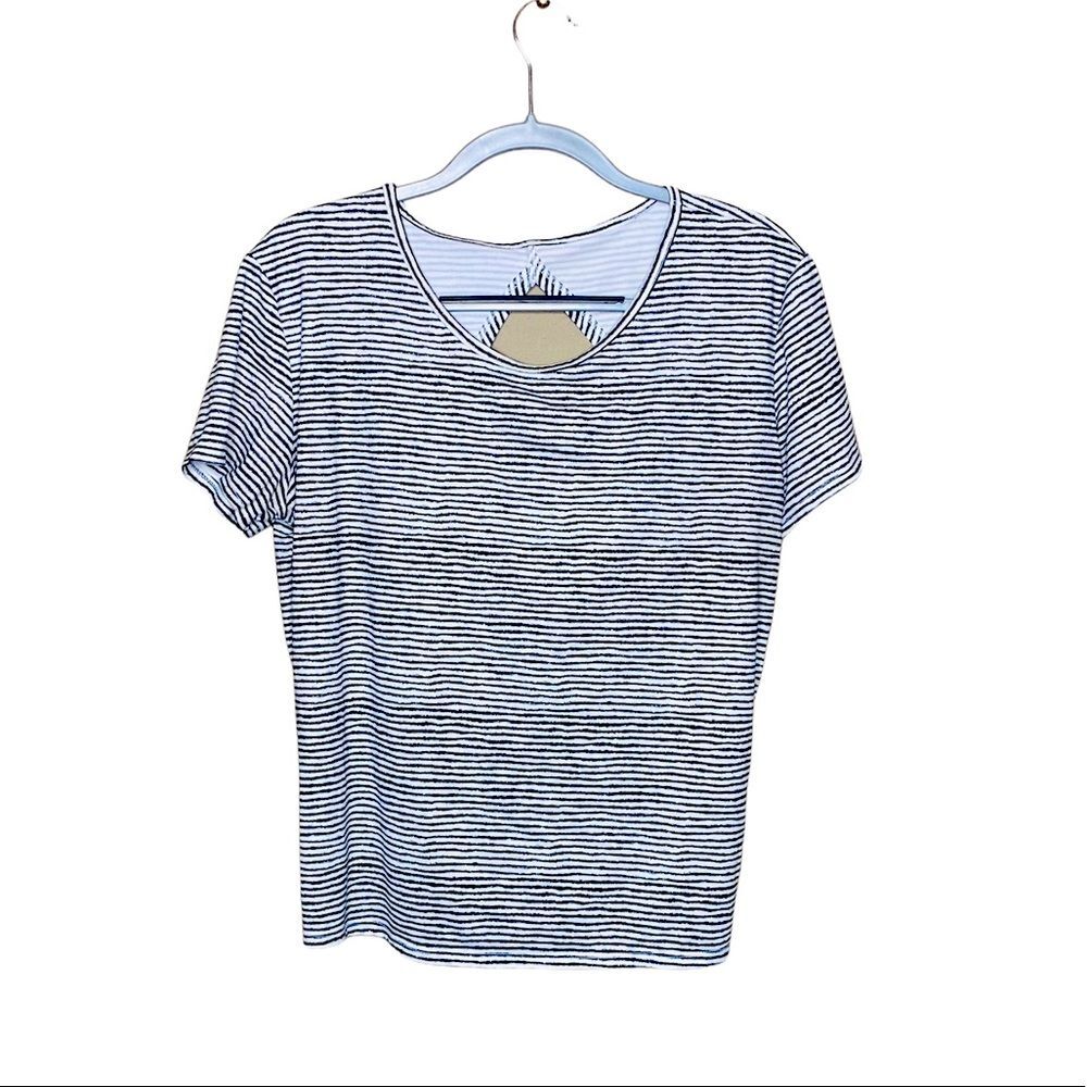 Champion Womens Large Striped Open Back Athletic Top Navy White Tee - Picture 2 of 6